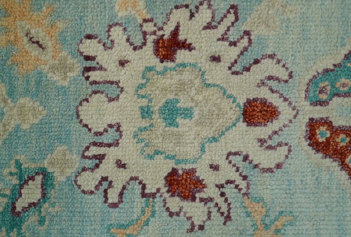 Teal And Beige Traditional Oushak Hand Knotted Wool Area Rug