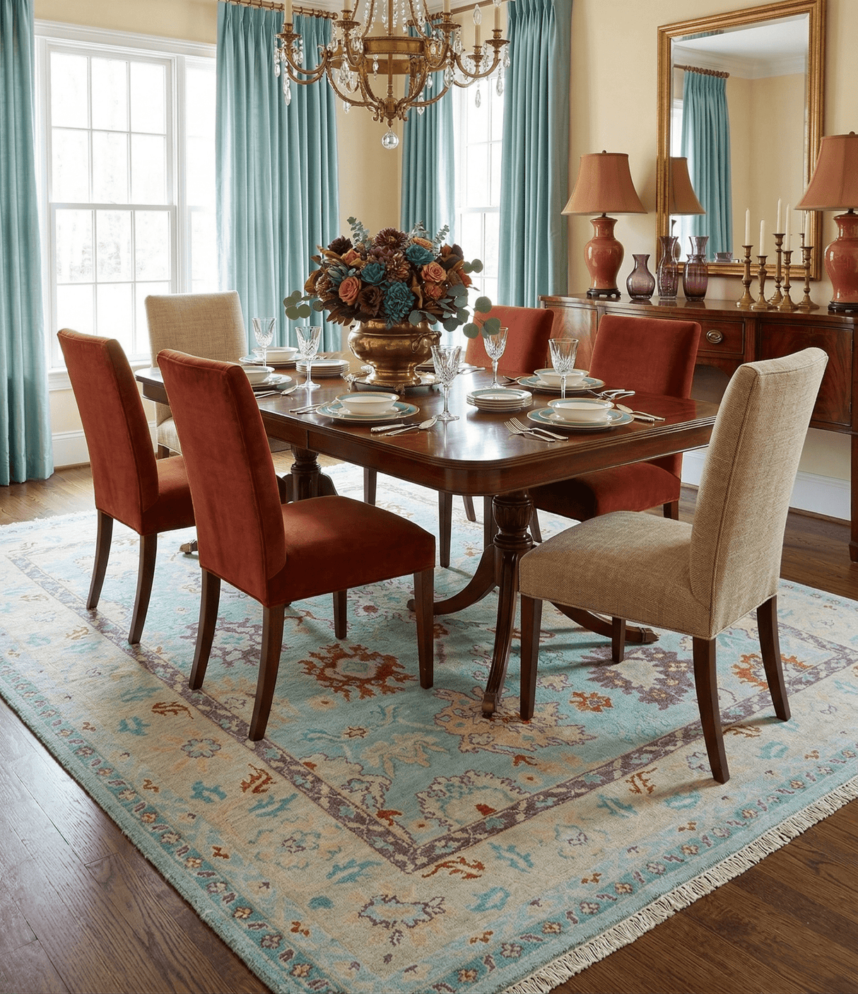 Teal And Beige Traditional Oushak Hand Knotted Wool Area Rug