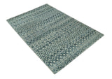 Teal and Ivory 5.6x8.6 Southwestern Tribal Trellis Recycled Art Silk Area Rug