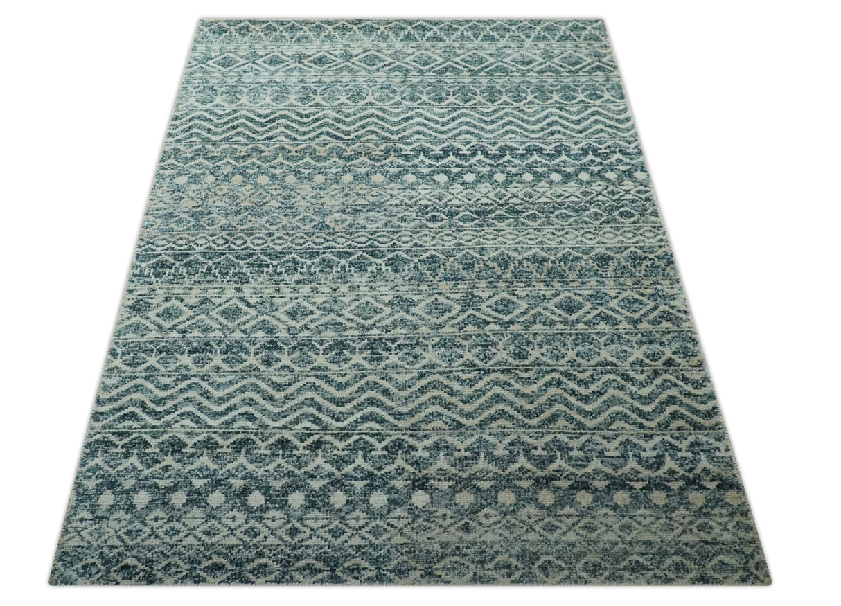Teal and Ivory 5.6x8.6 Southwestern Tribal Trellis Recycled Art Silk Area Rug-Area Rug-Parc Decor