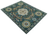 Teal and Ivory 8x10 Hand Knotted Traditional Mamluk Design wool Rug