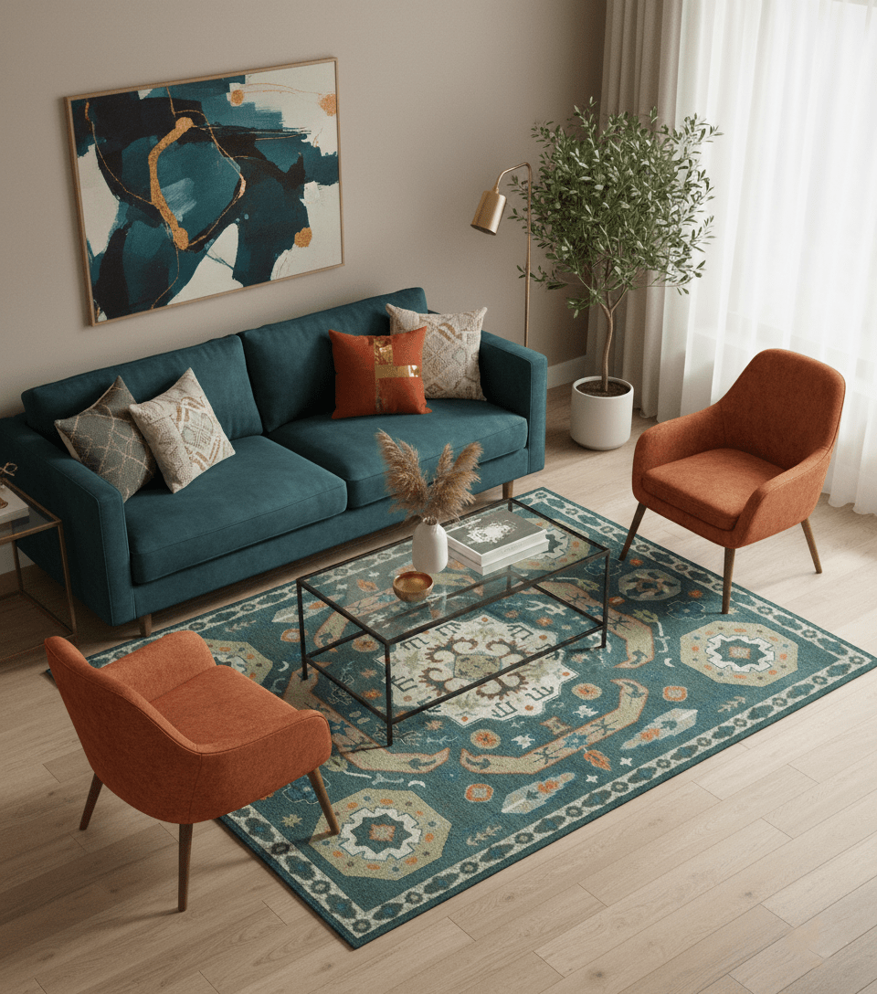Teal and Ivory 8x10 Hand Knotted Traditional Mamluk Design wool Rug