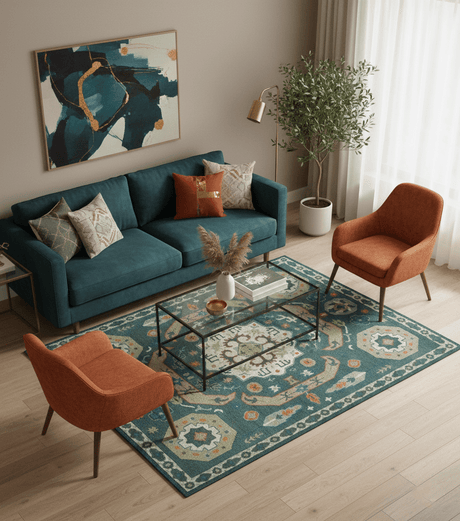 Teal and Ivory 8x10 Hand Knotted Traditional Mamluk Design wool Rug