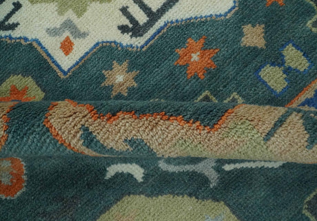 Teal and Ivory 8x10 Hand Knotted Traditional Mamluk Design wool Rug