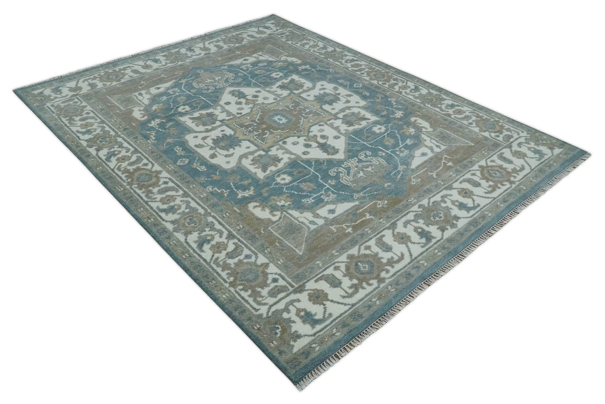 Teal And Ivory Hand Knotted Traditional Heriz Wool Area Rug