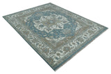 Teal And Ivory Hand Knotted Traditional Heriz Wool Area Rug