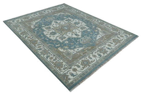 Teal And Ivory Hand Knotted Traditional Heriz Wool Area Rug