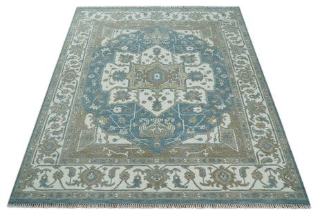 Teal And Ivory Hand Knotted Traditional Heriz Wool Area Rug