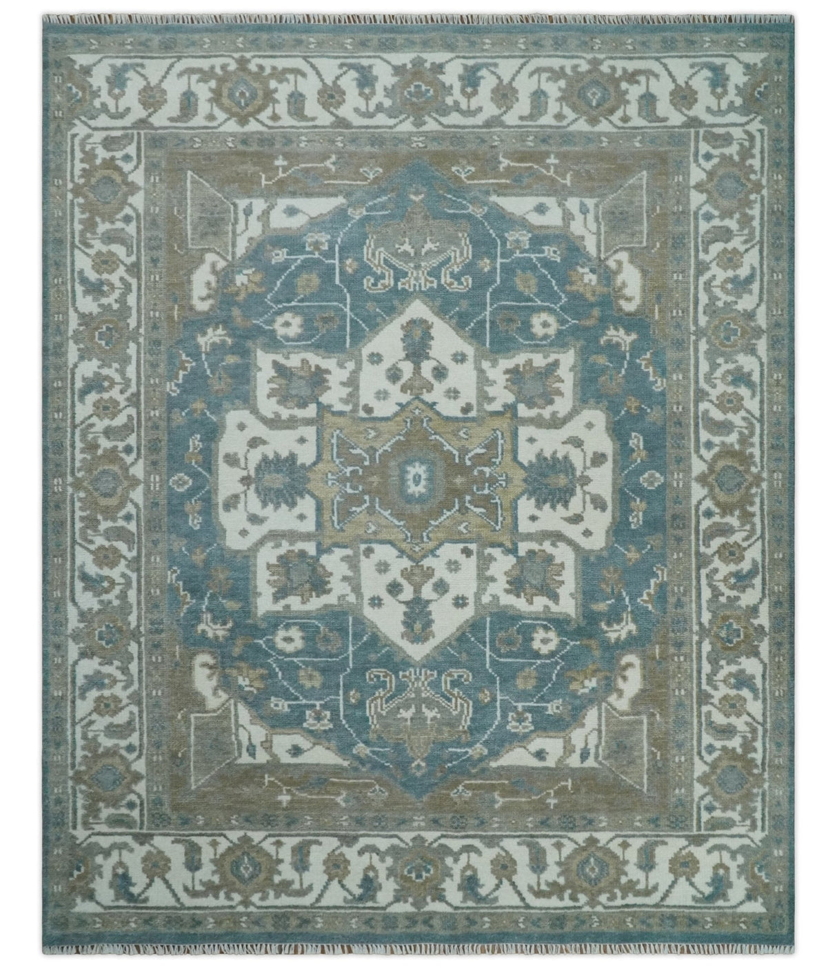 Teal And Ivory Hand Knotted Traditional Heriz Wool Area Rug