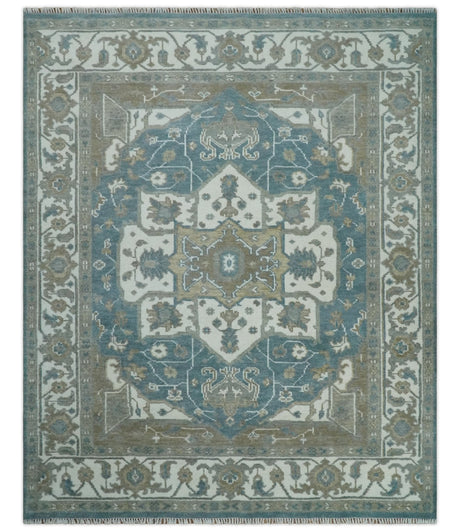 Teal And Ivory Hand Knotted Traditional Heriz Wool Area Rug