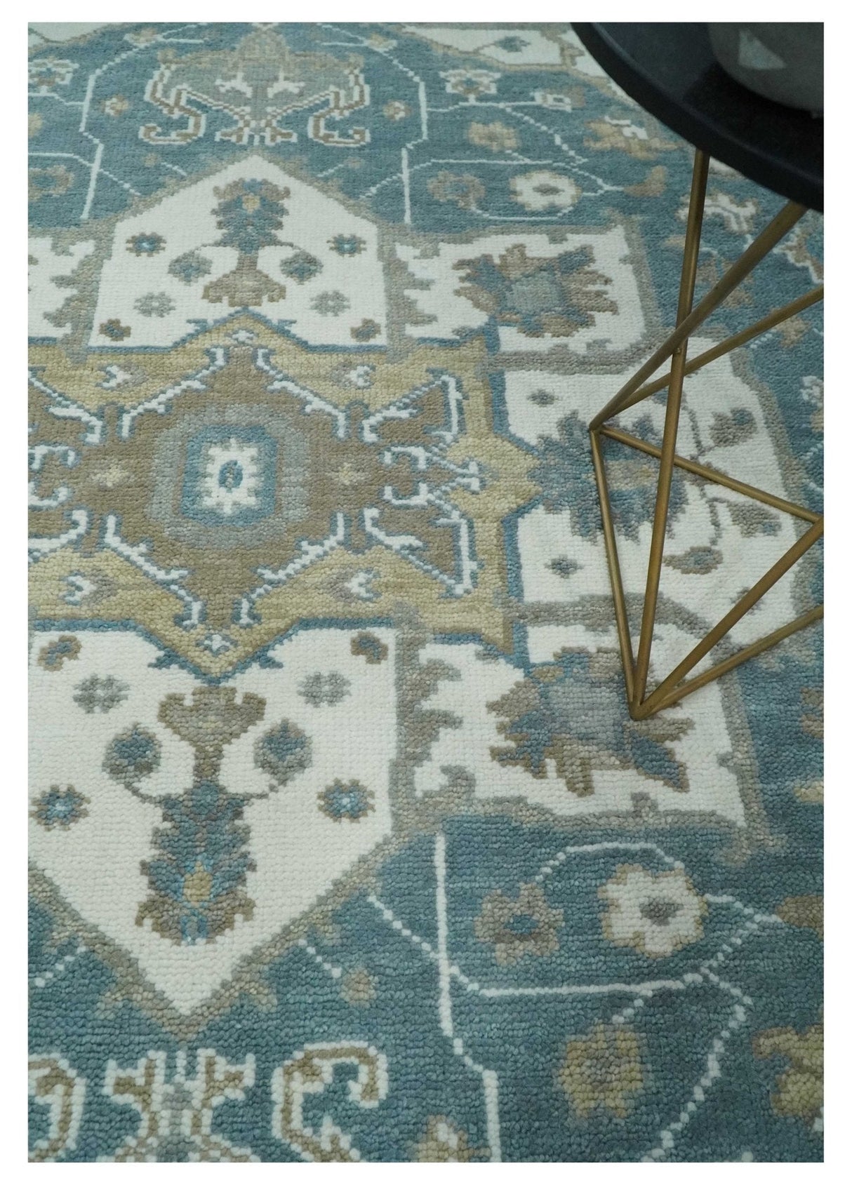 Teal And Ivory Hand Knotted Traditional Heriz Wool Area Rug