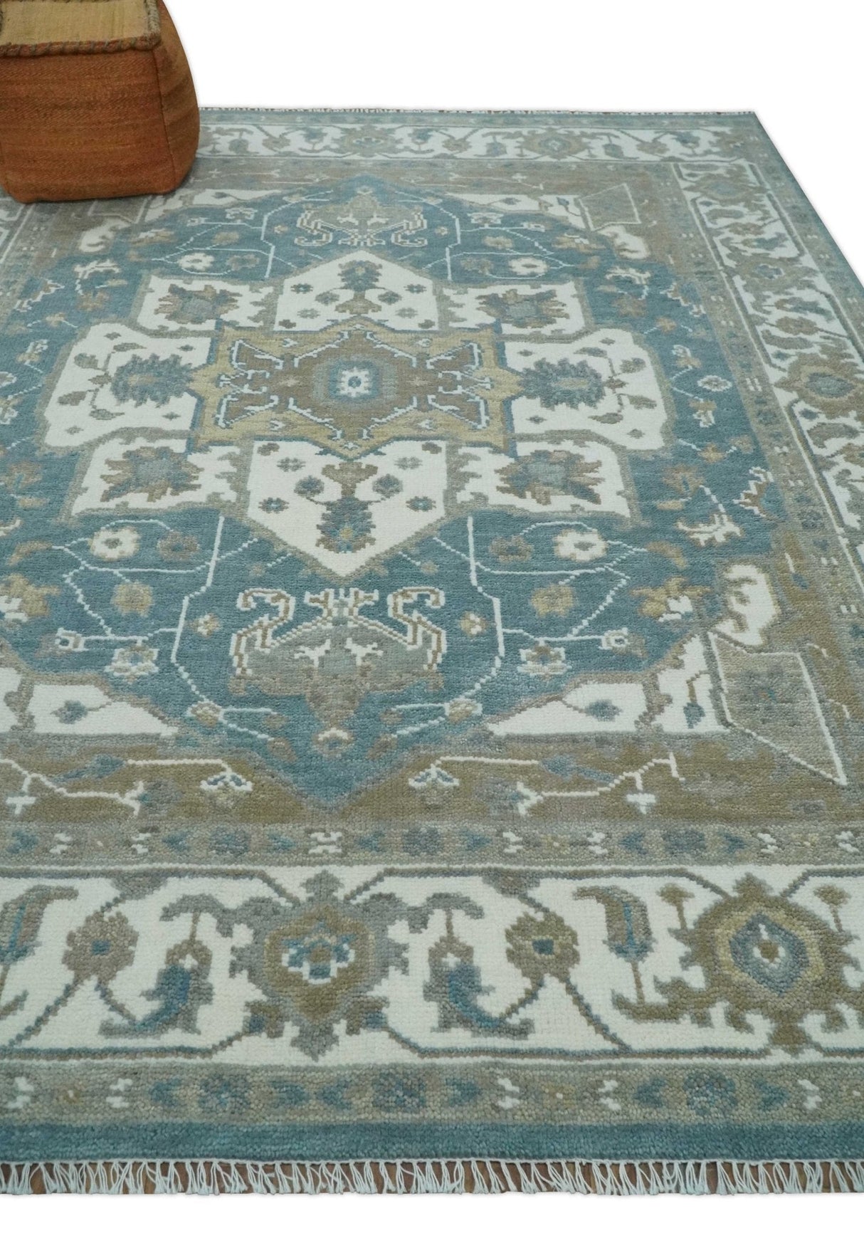 Teal And Ivory Hand Knotted Traditional Heriz Wool Area Rug
