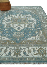 Teal And Ivory Hand Knotted Traditional Heriz Wool Area Rug