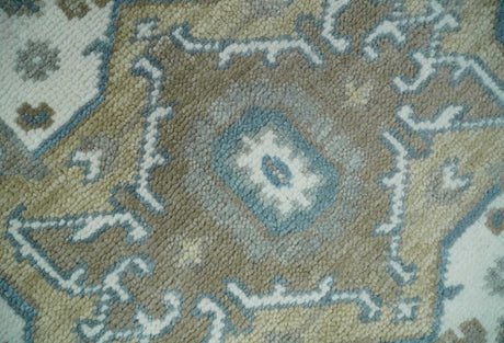 Teal And Ivory Hand Knotted Traditional Heriz Wool Area Rug