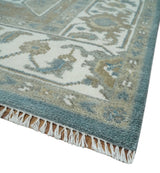 Teal And Ivory Hand Knotted Traditional Heriz Wool Area Rug