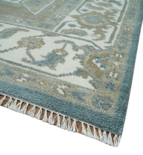 Teal And Ivory Hand Knotted Traditional Heriz Wool Area Rug