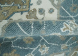 Teal And Ivory Hand Knotted Traditional Heriz Wool Area Rug