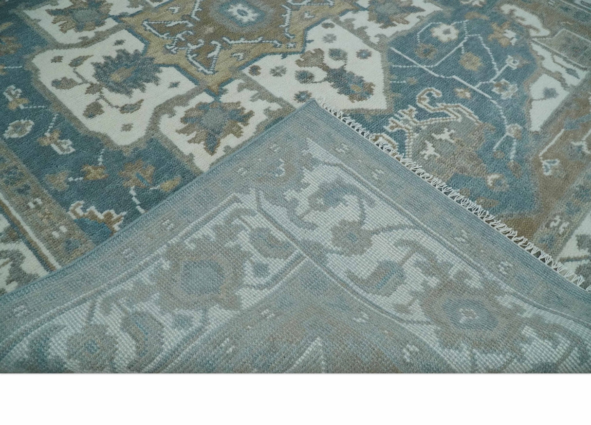 Teal And Ivory Hand Knotted Traditional Heriz Wool Area Rug