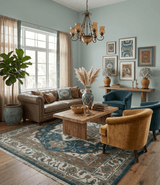 Teal And Ivory Hand Knotted Traditional Heriz Wool Area Rug