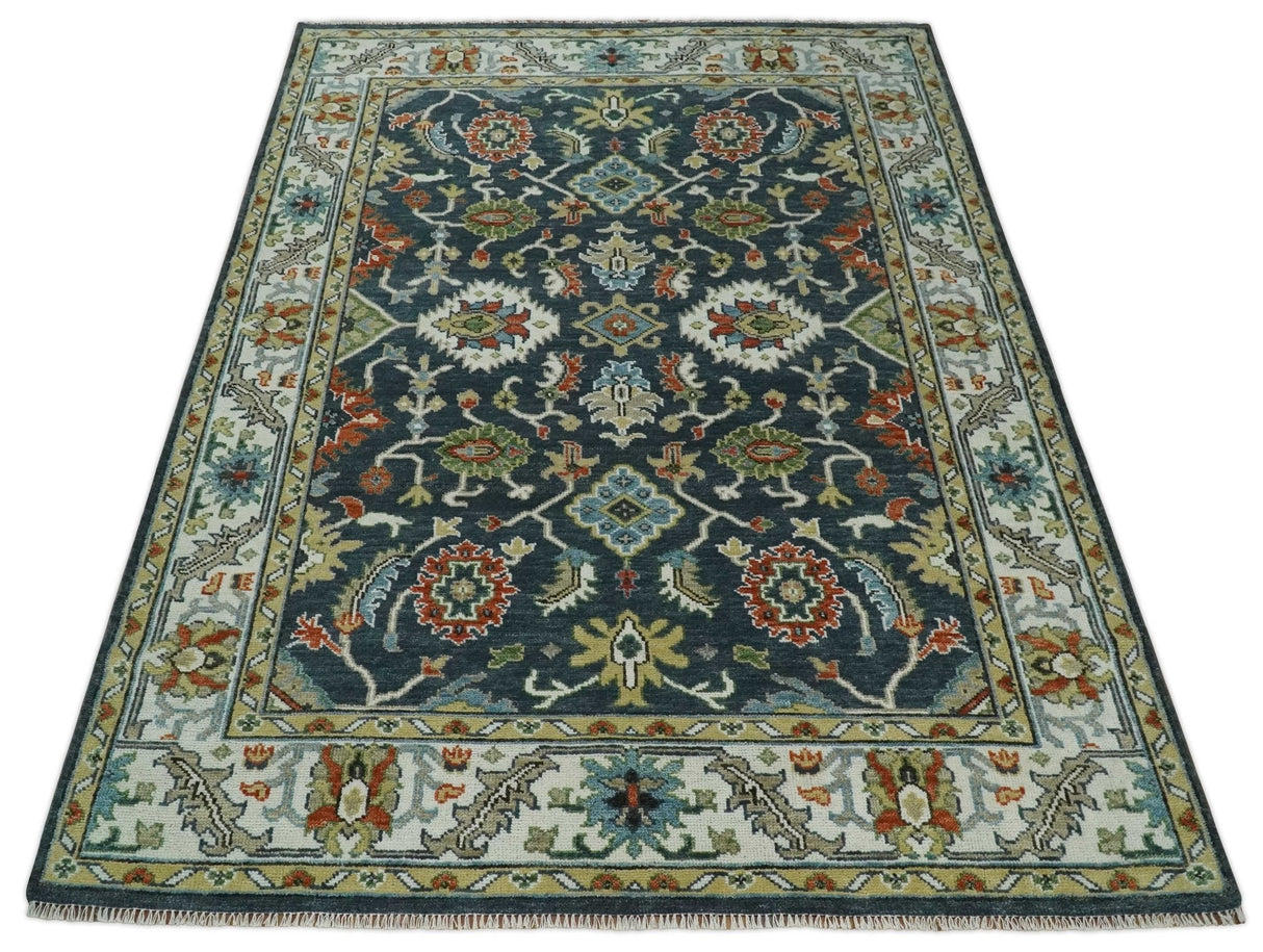 Teal and Ivory Traditional Oriental Oushak Custom Made Hand Knotted Wool Area Rug