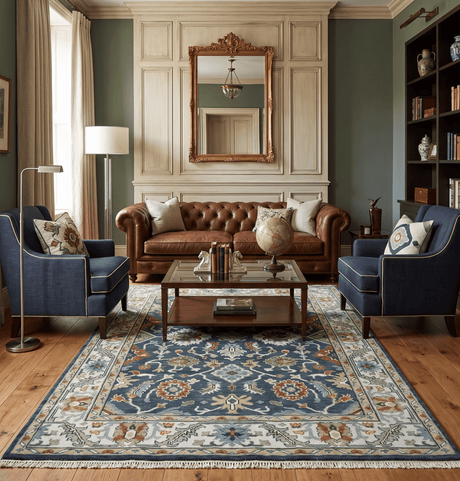Teal and Ivory Traditional Oriental Oushak Custom Made Hand Knotted Wool Area Rug
