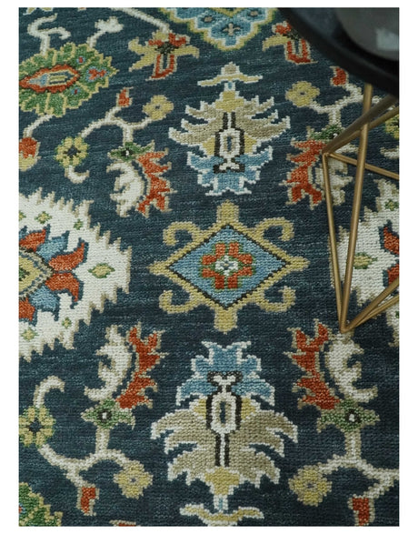 Teal and Ivory Traditional Oriental Oushak Custom Made Hand Knotted Wool Area Rug
