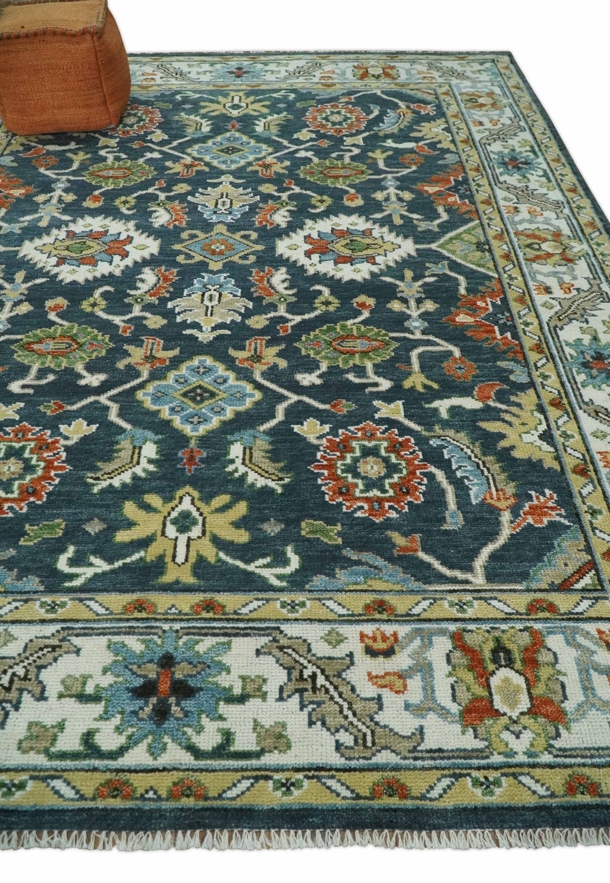 Teal and Ivory Traditional Oriental Oushak Custom Made Hand Knotted Wool Area Rug