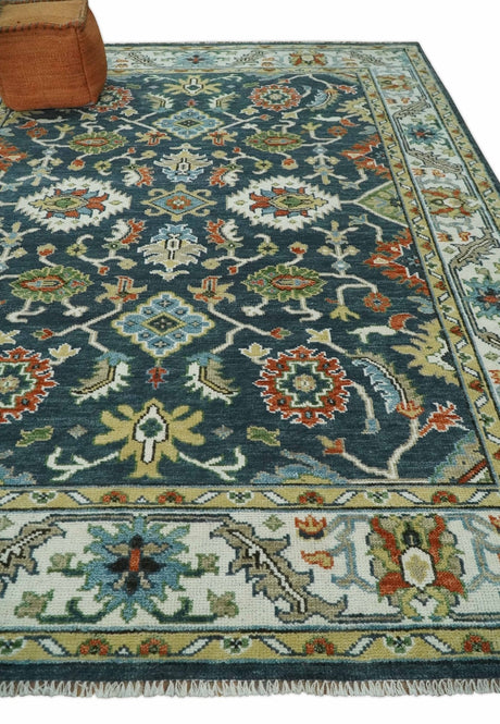 Teal and Ivory Traditional Oriental Oushak Custom Made Hand Knotted Wool Area Rug