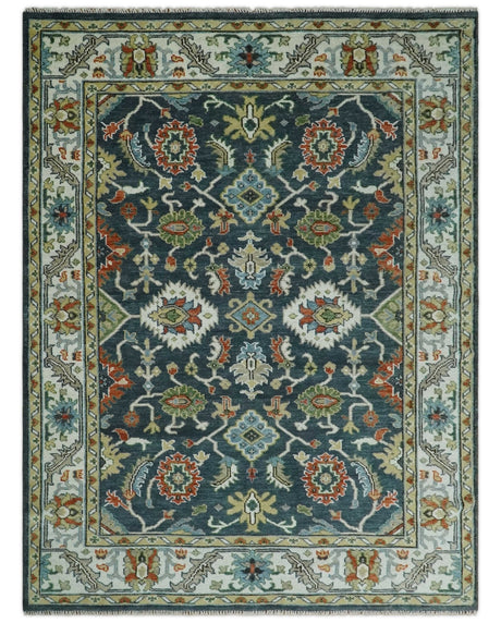 Teal and Ivory Traditional Oriental Oushak Custom Made Hand Knotted Wool Area Rug