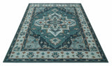 Teal and Silver Traditional Heriz Floral Hand Knotted Multi Size wool Area Rug
