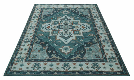 Teal and Silver Traditional Heriz Floral Hand Knotted Multi Size wool Area Rug