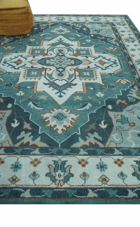 Teal and Silver Traditional Heriz Floral Hand Knotted Multi Size wool Area Rug