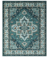 Teal and Silver Traditional Heriz Floral Hand Knotted Multi Size wool Area Rug