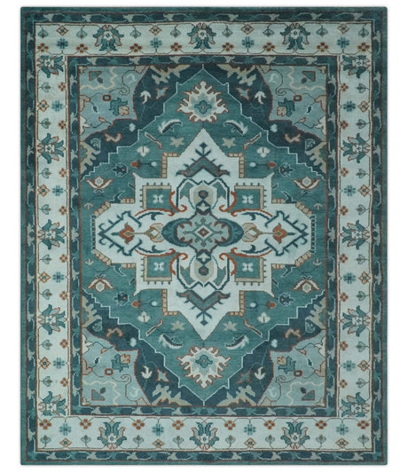 Teal and Silver Traditional Heriz Floral Hand Knotted Multi Size wool Area Rug