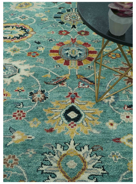 Teal And Yellow Modern Oushak Style Hand Knotted Custom Made Wool Rug