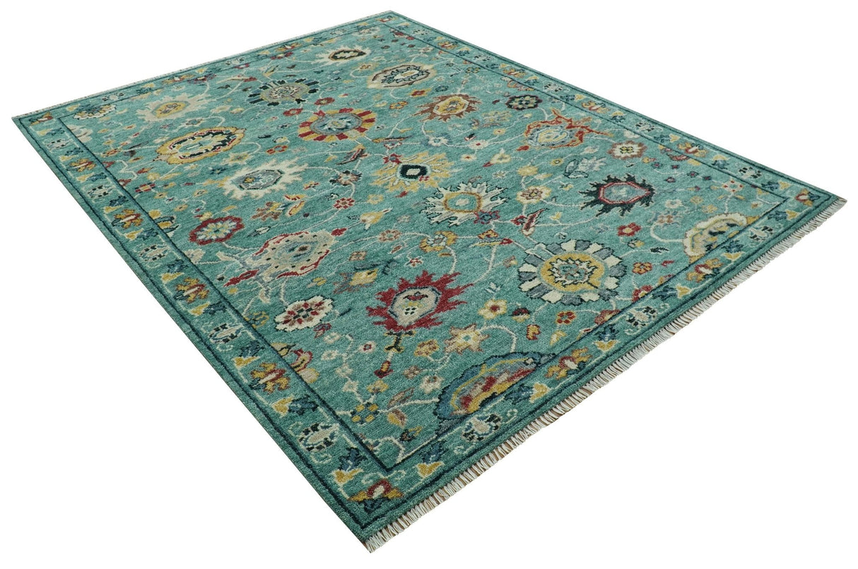 Teal And Yellow Modern Oushak Style Hand Knotted Custom Made Wool Rug