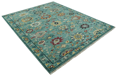Teal And Yellow Modern Oushak Style Hand Knotted Custom Made Wool Rug