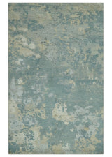 Teal, Beige, Silver and Charcoal Modern abstract Hand Knotted 5x8 wool Area Rug
