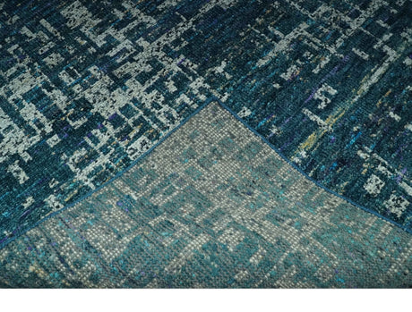 Teal, Blue and Silver 5x8 Hand Knotted Modern Abstract Art Silk Area Rug