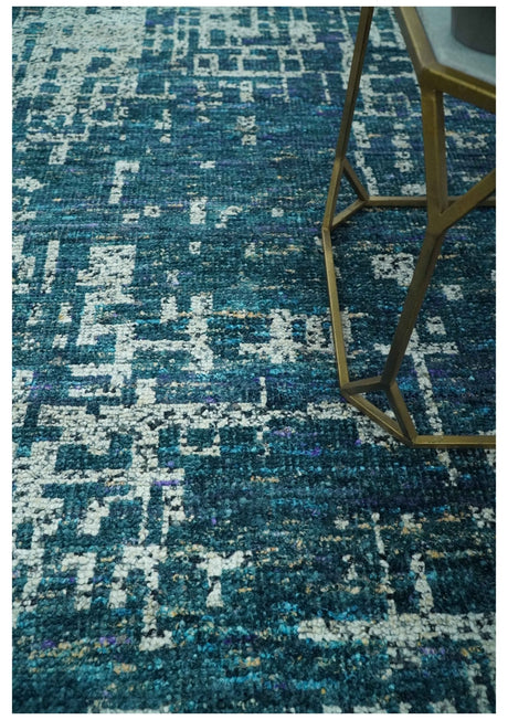 Teal, Blue and Silver 5x8 Hand Knotted Modern Abstract Art Silk Area Rug-Area Rug-Parc Decor