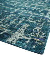 Teal, Blue and Silver 5x8 Hand Knotted Modern Abstract Art Silk Area Rug-Area Rug-Parc Decor
