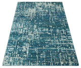 Teal, Blue and Silver 5x8 Hand Knotted Modern Abstract Art Silk Area Rug-Area Rug-Parc Decor