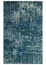 Teal, Blue and Silver 5x8 Hand Knotted Modern Abstract Art Silk Area Rug-Area Rug-Parc Decor