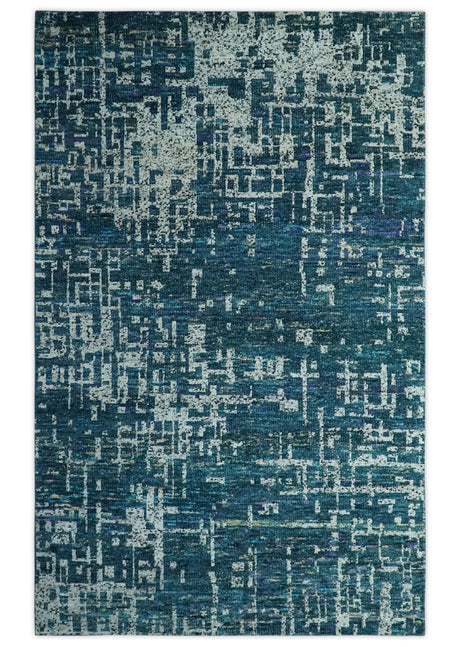 Teal, Blue and Silver 5x8 Hand Knotted Modern Abstract Art Silk Area Rug-Area Rug-Parc Decor