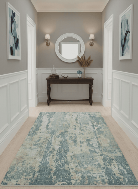 Teal, Gold and Ivory Modern Abstract 5x8 Hand loom wool and Viscose Area Rug