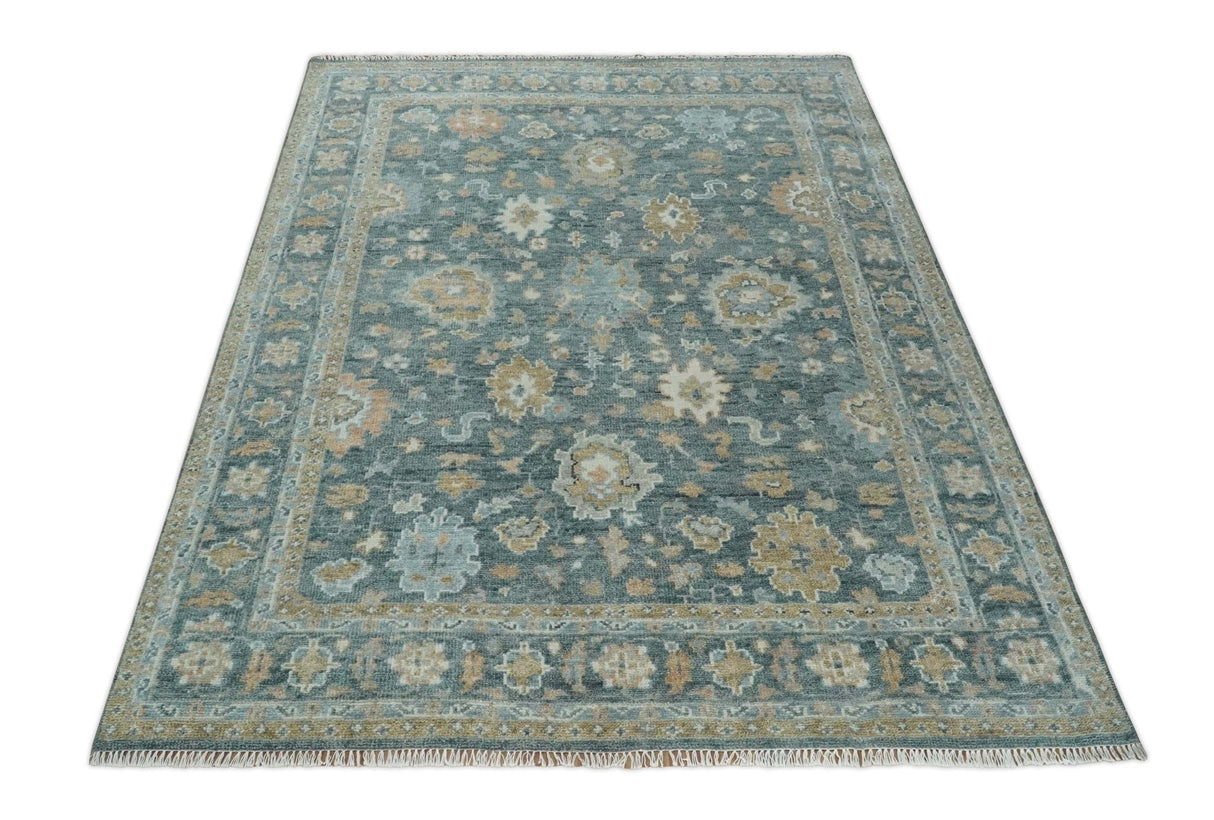Teal, Olive and Silver Antique Style Hand knotted 8x10 Oushak wool Area Rug