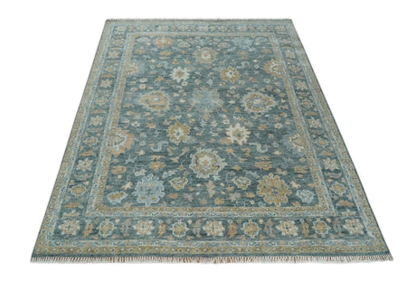 Teal, Olive and Silver Antique Style Hand knotted 8x10 Oushak wool Area Rug