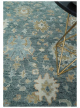 Teal, Olive and Silver Antique Style Hand knotted 8x10 Oushak wool Area Rug