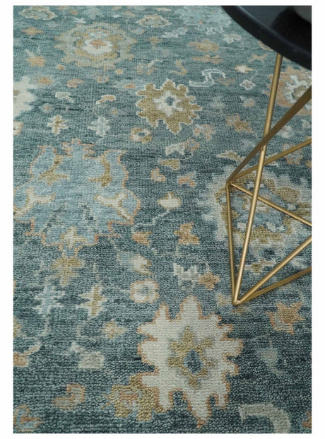 Teal, Olive and Silver Antique Style Hand knotted 8x10 Oushak wool Area Rug