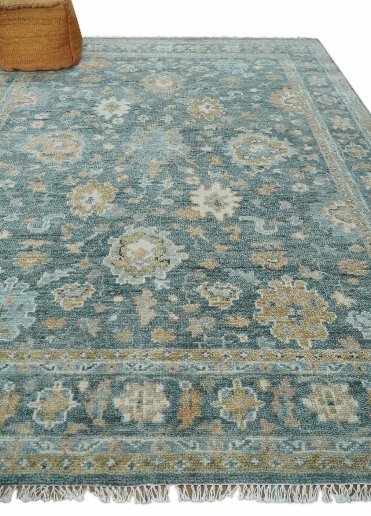 Teal, Olive and Silver Antique Style Hand knotted 8x10 Oushak wool Area Rug